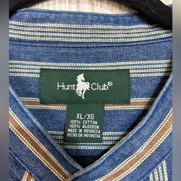 90s Mens Pinstriped Long Sleeve Denim Shirt Band Collar Hunt Club Size XL - Picture 8 of 15